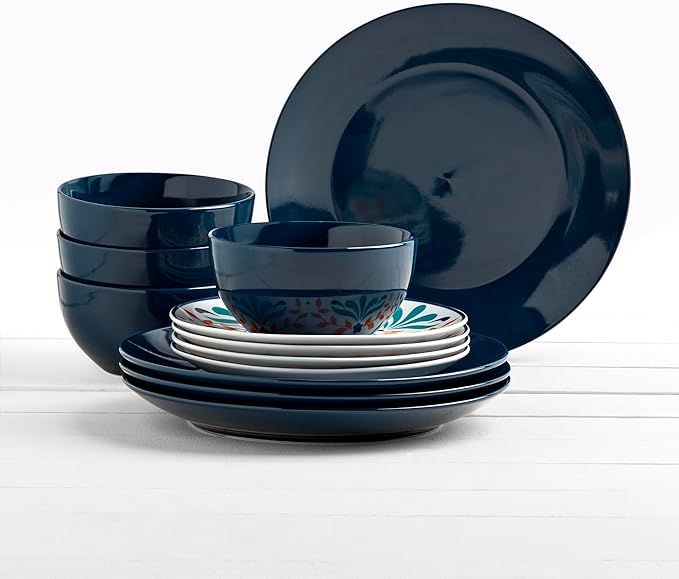 Tabletops Gallery 12-Piece Isabella Patterned Ceramic Dinnerware Set of Kitchen Dishes, Dinner Plates, Cereal Bowls, Service for 4, Blue