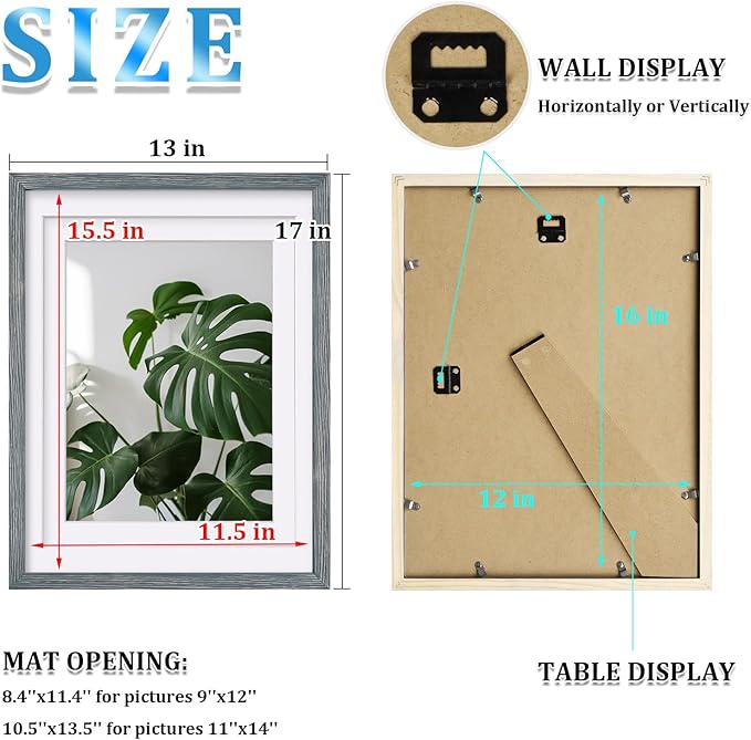 Egofine 12x16 Picture Frames Set of 4, Made of Solid Wood Covered by Plexiglass 9x12 and 11x14 with Mat or 12x16 without Mat, for Wall Mounting Photo Frame Rustic Blue