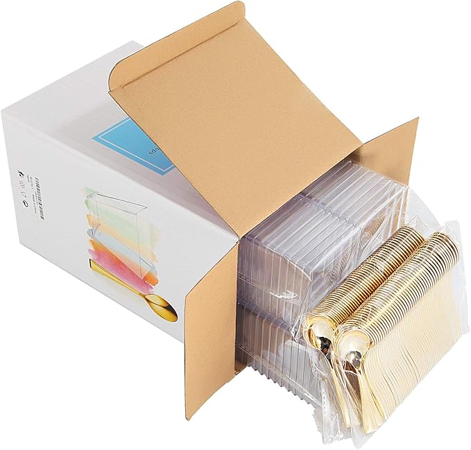 supernal 100pcs Square Plastic Dessert Cups (4oz) with 100pcs Mini Gold Spoons, Plastic Parfait Appetizer Cup, Medium Clear Dessert Cups Perfect for Cakes, Ice Cream, Desserts Appetizers
