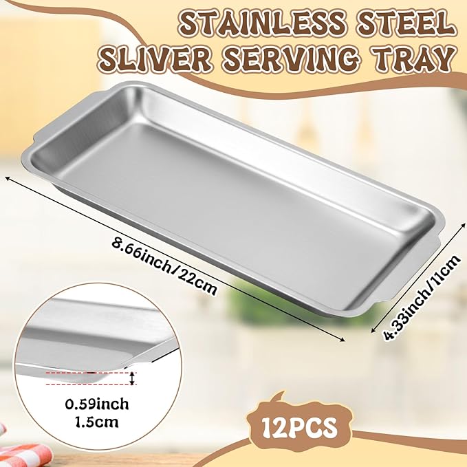 Silver 12 Pcs Small Stainless Steel Serving Tray Bulk 8.66'' x 4.33'' Rectangle Stainless Steel Food Serving Platter with Handle Vanity Tray Decorative Party Plate for BBQ Buffet Appetizer