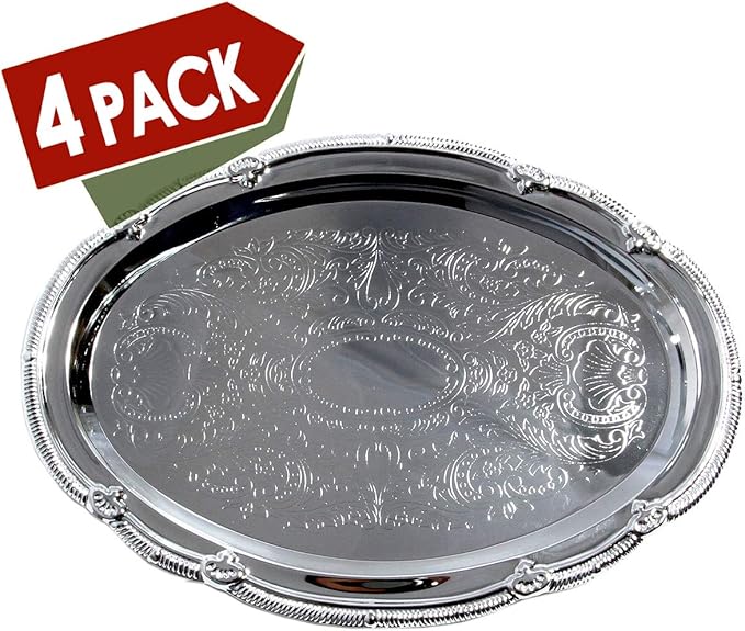 (Pack of 4) 14.7" x 10.6" Oval Shape Chrome Plated Serving Tray Plate Food Art Deco Floral Pattern Engraved Multi-Purpose Holiday Party Buffet Wedding Birthday (Large) T125L-4PK