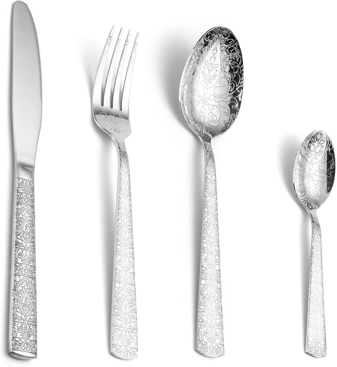 24 Piece Silver Flatware Set, Delicate Patterns,Stainless Steel Flatware Set for 6, Dishwasher Safe, Rust Resistant, Restaurants and Home Use