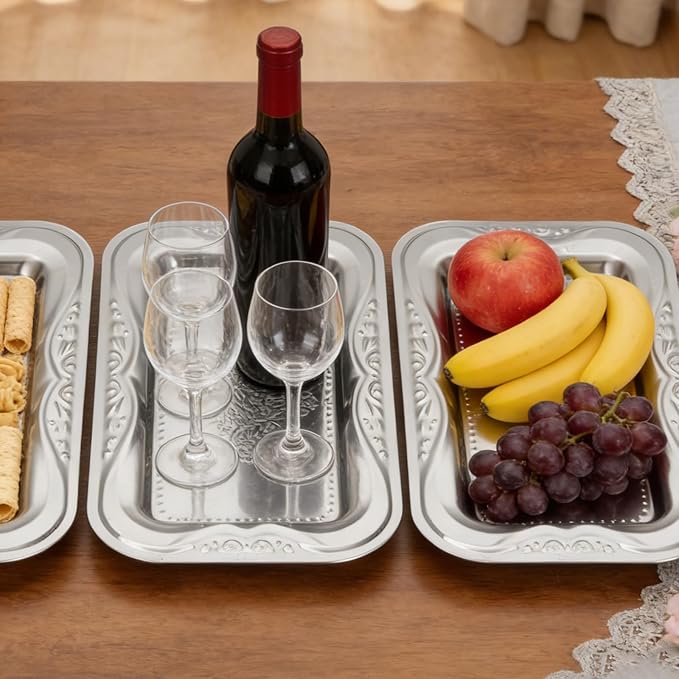 6 Pack Silver Serving Trays Set, Floral Engraved Mirror Decorative Tray Party Platters for Whiskey Cookies Food Dessert Fruit Cupcake Weddings Table Parties Display