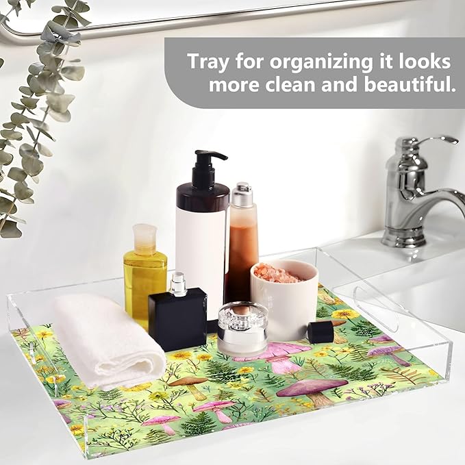Serving Tray with Handles Clear Acrylic Tray 12x16 Inch Decorative Rectangular Tray Organizer for Ottoman Coffee Table Bathroom Watercolor Mushrooms Green