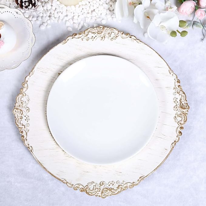 13" Charger Plates -Set of 12 - Acrylic White Round Baroque Disposable Chargers Leaf Embossed Rim, Ideal for Dinner Party Wedding Bulk Events