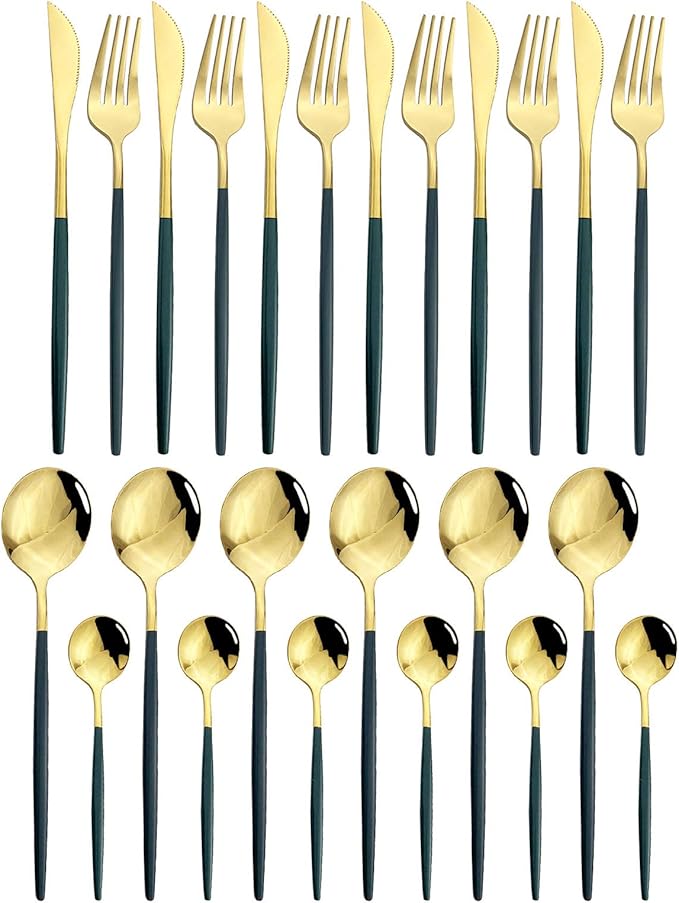 JASHII 24-Piece Titanium Green Plated Stainless Steel Flatware Set, Green Handle, Gold Mouth Utensils, Shiny Gold Finish for 6