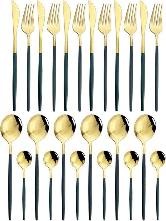 JASHII 24-Piece Titanium Green Plated Stainless Steel Flatware Set, Green Handle, Gold Mouth Utensils, Shiny Gold Finish for 6
