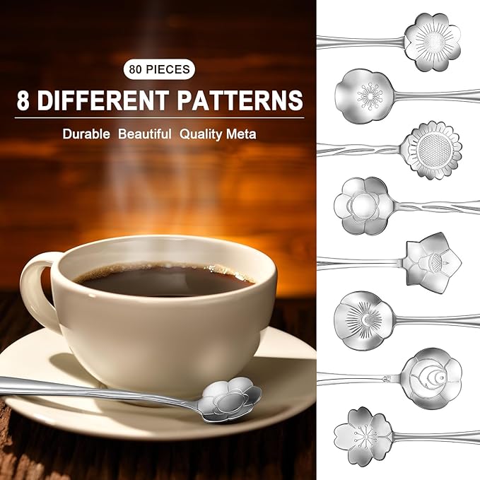 Eboot 80 Pcs Gold Flower Teaspoon Stainless Steel Tea Party Spoons Mini Cute Teaspoon Stirring Coffee Sugar Drink Demitasse Espresso Spoons for Bridal Baby Shower Wedding Party Favors Decorations
