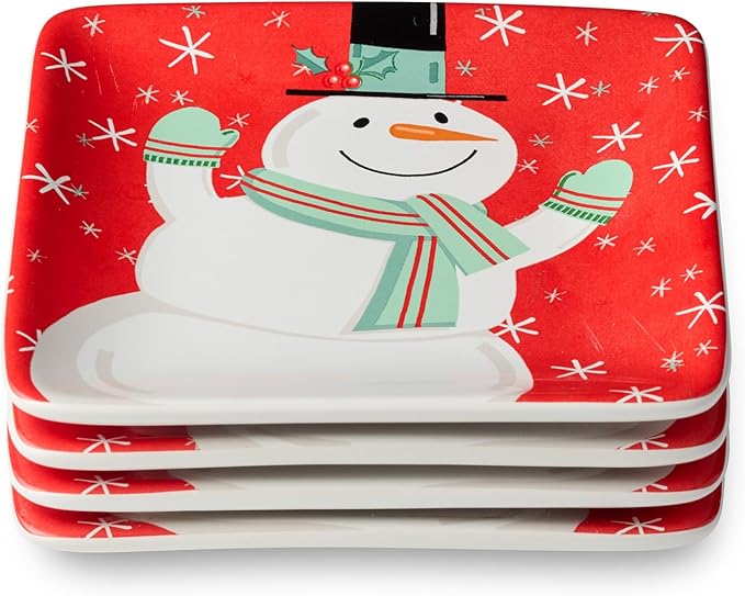 Christmas Whimsy Snowman Set of 4 Canape Plates – 6-Inch Square Ceramic Appetizer Plates Featuring Assorted Snowmen in Winter Attire – Holiday Party Ready – Microwave & Dishwasher Safe