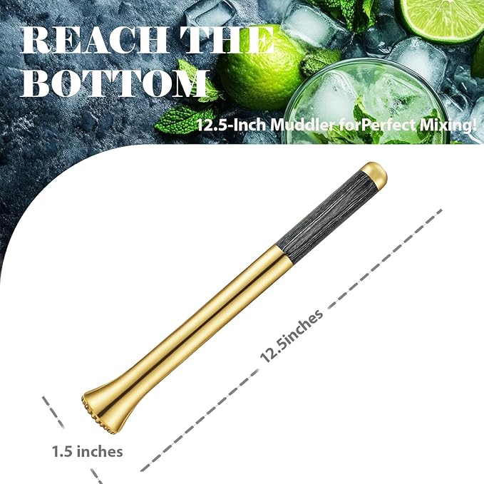 12.5" Gold Muddler for Cocktails Stainless Steel Drink Muddler Bartender Accessories Lemon Smasher for Home Bar Tool Ice Crusher for Mojitos