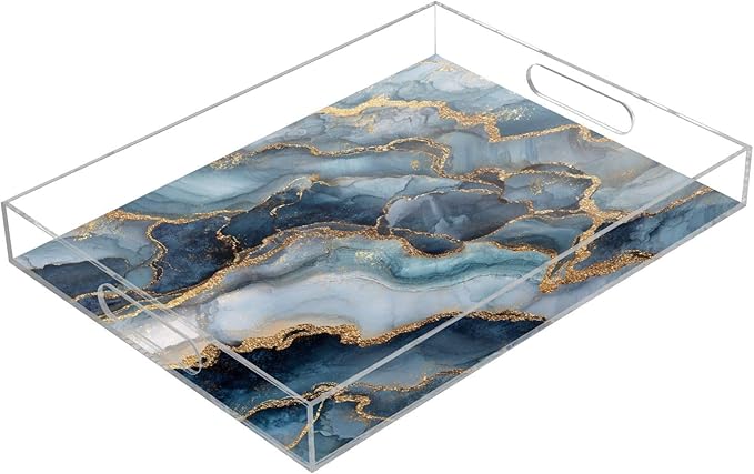 Serving Tray with Handles Clear Acrylic Tray 12x16 Inch Decorative Rectangular Tray Organizer for Ottoman Coffee Table Bathroom Blue Marble and Gold Lines Retro