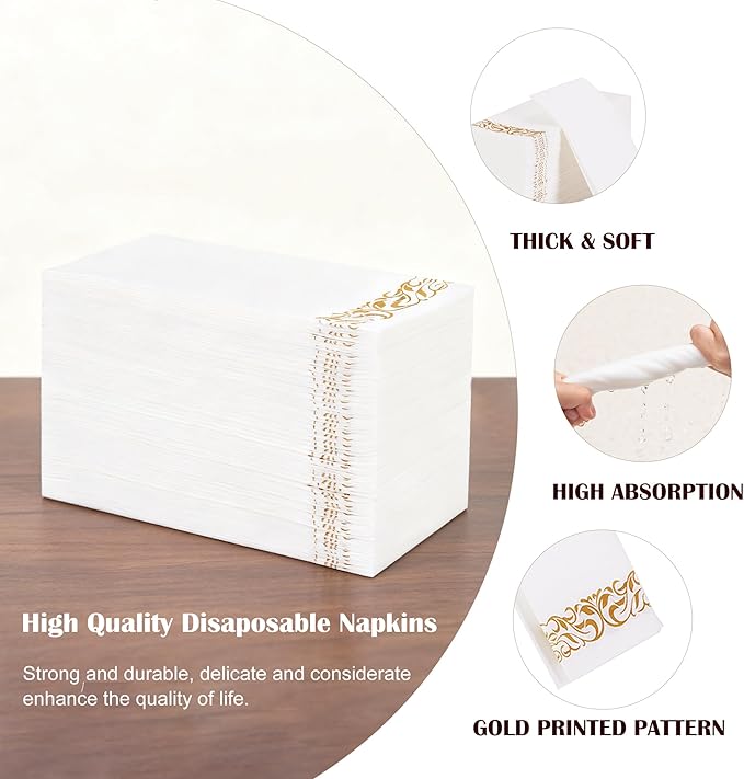200 Pack Disposable Paper Napkins, Linen-Feel Paper Hand Towels, Elegant White Napkins with Gold Design for Kitchen, Wedding, Parties, Dinners or Events (12" x 17")