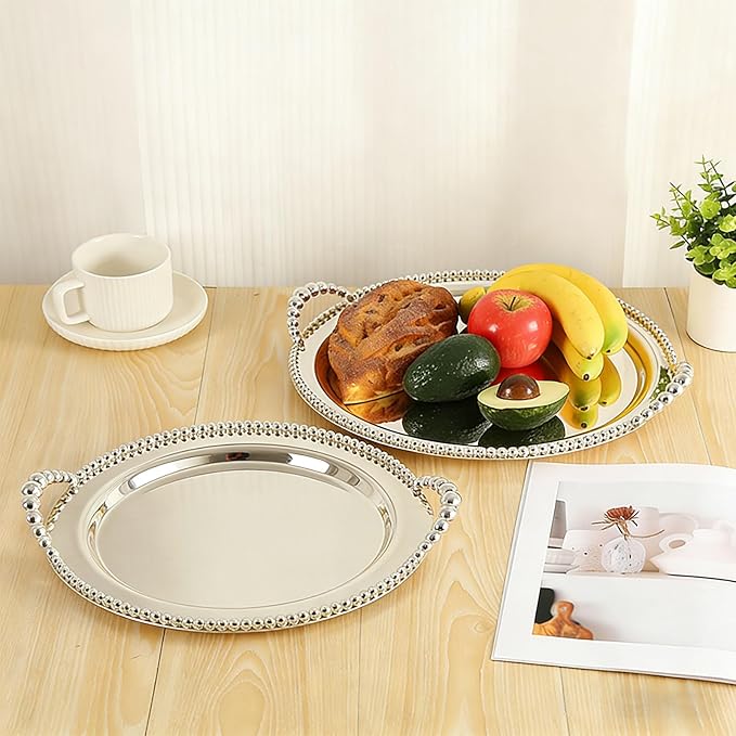Round Metal Serving Tray with Handles 31.5cm, Silver Stackable Platter for Fruits Desserts Snacks, Indoor Outdoor Use for Kitchen Living Room BBQ Party Decor