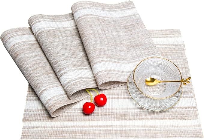 Placemats,PlasticVinyl Washable Heat-Resistant Durable PVC Non-Slip Woven for Kitchen Dining Table Mats (Set of 6, White Beige)