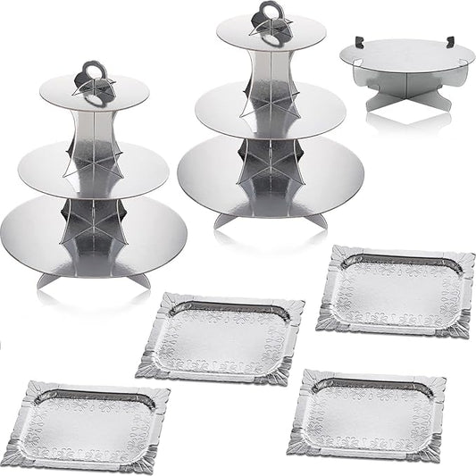 Zopeal 7 Pcs Dessert Table Display Set 3-Tier Cupcake Stand 1-Tier Cup Cake Display Tower Platters and Serving Trays Cardboard Cake Cookie Holders for Wedding Birthday Party Baby Shower(Silver)