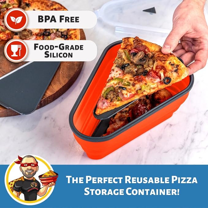 PIZZA PACK The Perfect Reusable Pizza Storage Container with 5 Microwavable Serving Trays - BPA-Free Adjustable Pizza Slice Container to Organize & Save Space, 3 Pack, Red, White, Blue