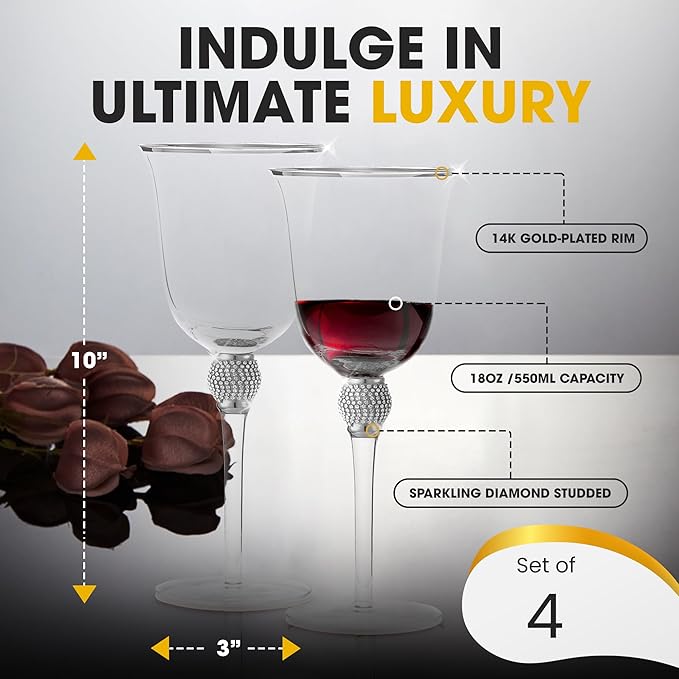 Premium Wine Glasses Set of 4 - Crystal Long Stem Wine Glass with Silver Rim & Rhinestone Design - 18 oz