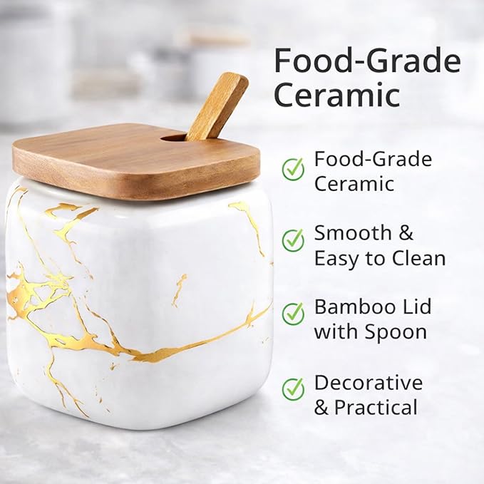 2 Sets of Marble Ceramic Sugar Bowl Ceramic Seasoning Jars with Wooden Lid and Wooden Spoon(Black and White)