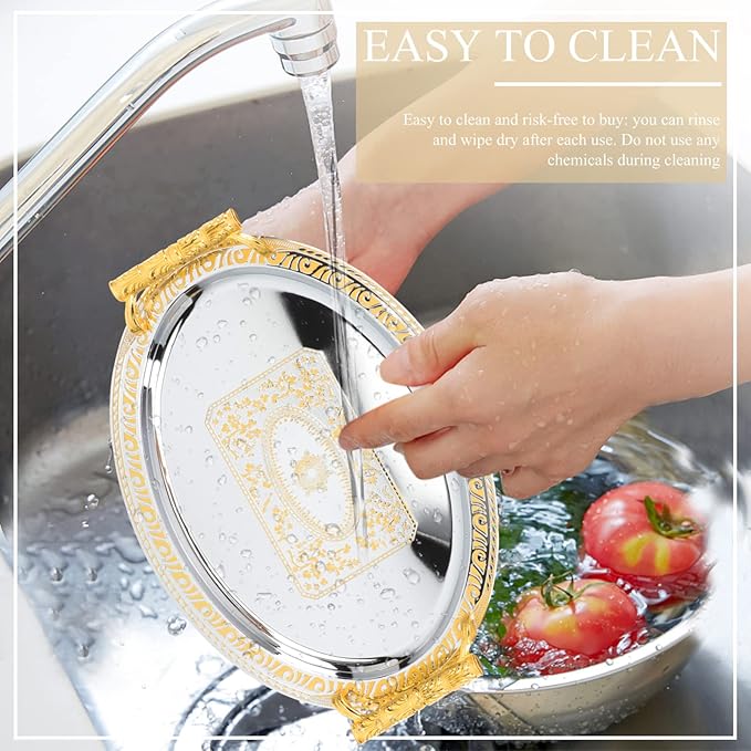Gold Stainless Steel Oval Serving Tray Food-Grade Household Fruit and Snacks Tray European Style Coffee Table for Kitchen and Dining