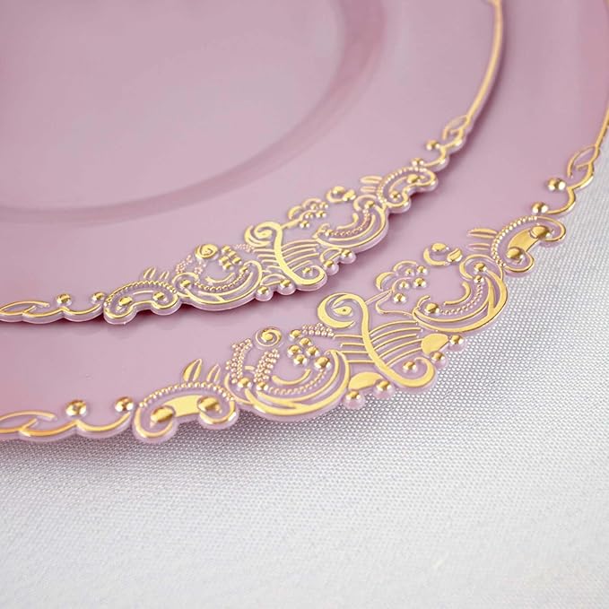 8" Salad Plates -Set of 10 - Plastic Lavender Lilac Round Baroque Disposable Chargers Leaf Embossed Rim, Ideal for Dinner Party Wedding Bulk Events