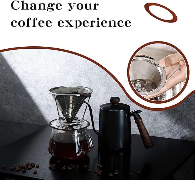 Stainless Steel Pour Over Coffee Dripper with 800 Mesh Steel Screen, Reusable Drip Coffee Pour Over Filter