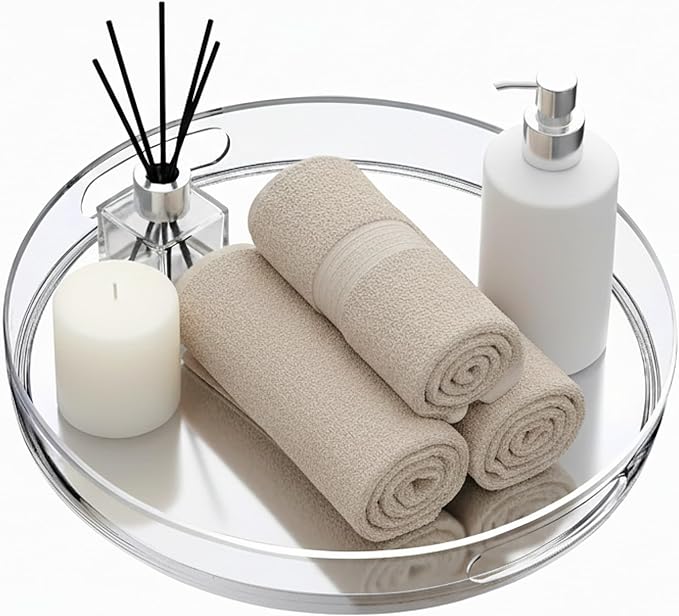 Amazing Abby - Sultana - 1-Pack Acrylic Vanity Tray (12" Dia.), Plastic Bathroom Countertop Organizer, Round Coffee Table Tray, Clear Dish for Home Decor, Great for Makeup, Perfume, Jewelry, and More