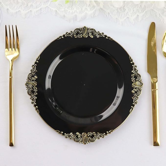 8" Salad Plates -Set of 20 - Plastic Black Round Baroque Disposable Chargers Leaf Embossed Rim, Ideal for Dinner Party Wedding Bulk Events