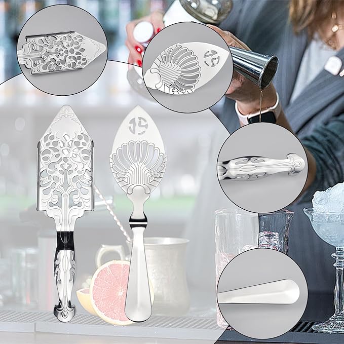2 Pcs Stainless Steel Absinthe Spoons, Spoon-Vintage Style Absinthe Dripper with 2 Types, Ice Cube Mesh Filter Wormwood Spoon Strainer Spoon for Bar Cocktail Tea Coffee (Silver)