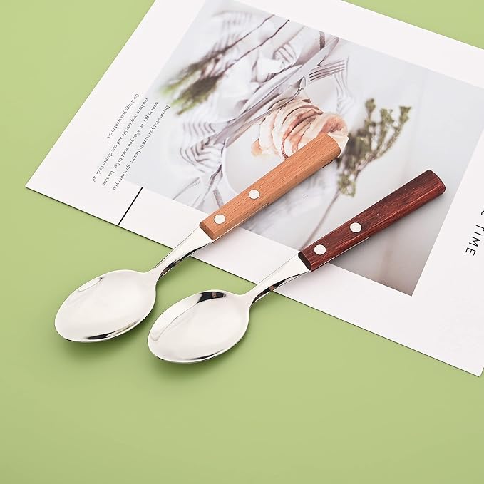 Teaspoons Set of 8, 304 Stainless Steel Dessert Spoons with Red Wooden Handle, 6.3 Inch Ice Cream Spoons for Coffee, Appetizer, Bistro