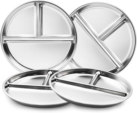 Stainless Steel Kids Plates Set of 4, 9" Portion Control Plates Divided Plate for Adults Toddlers Balance Lunch, Bariatric & Diabetic Diet, Non Toxic Camping Metal Snack Plate for Eating