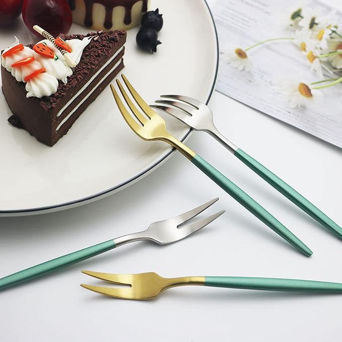 JASHII 6pcs Green&Silver 3-Tine Portable Cake Forks Set, Matte 304 Stainless Steel Small Forks with Round Handle, Dishwasher Safe for Home, Restaurant - 5.3-inch