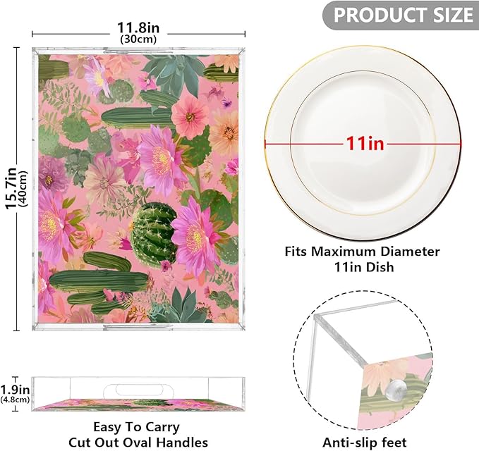 Serving Tray with Handles Clear Acrylic Tray 12x16 Inch Decorative Rectangular Tray Organizer for Ottoman Coffee Table Bathroom Cacti Succulents and Bright Pink Flowers