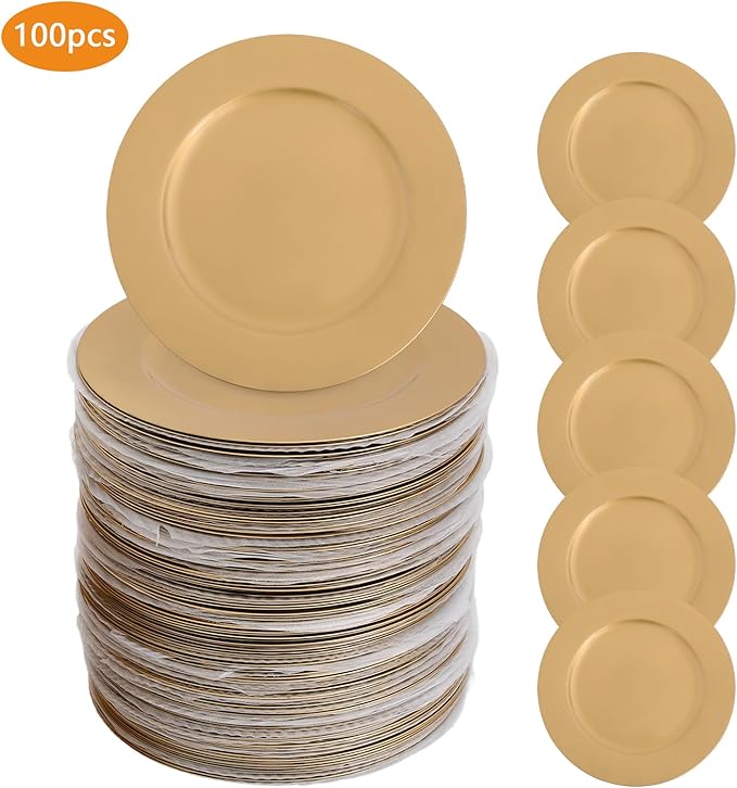 Gold Plastic Charger Plates Set of 100, 13” Reusable Party Chargers for Dinner Plates, Elegant Round Service Plate Chargers Bulk Decorative for Wedding, Catering Table Decor