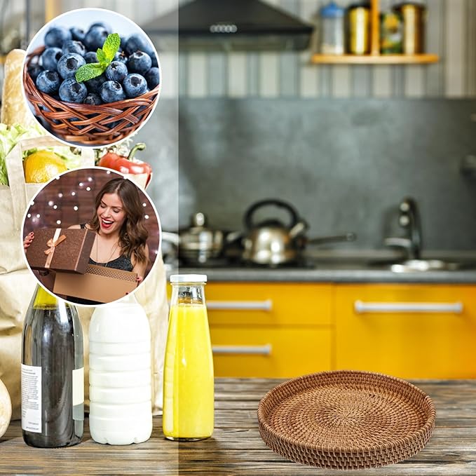 DOITOOL Stackable Rattan Serving Tray Multi-Function Woven Fruit Plate for Snacks Desserts and Coffee Storage for Home Decor and Entertaining