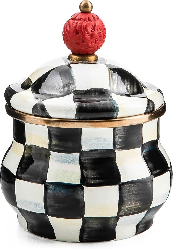 MACKENZIE-CHILDS Enamel Lidded Sugar Bowl, Small Serving Bowl with Lid, 10-Ounce Capacity, Black-and-White Courtly Check