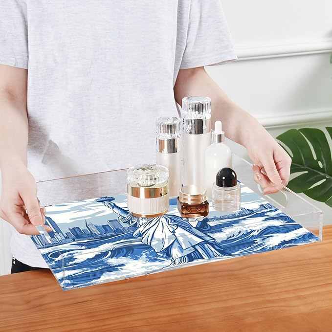 Serving Tray with Handles Clear Acrylic Tray 12x16 Inch Decorative Rectangular Tray Organizer for Ottoman Coffee Table Bathroom Statue of Liberty New York Skyline Waves Blue