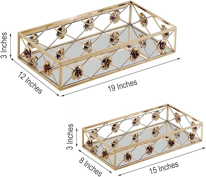 Efavormart Set of 2 Gold Metal Decorative Serving Trays Floral Bordered Rectangle Mirror Trays - 19"x12" / 15"x8"
