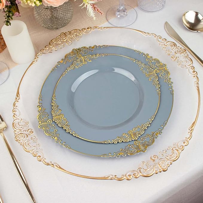 10" Dinner Plates -Set of 20 - Plastic Dusty Blue Round Baroque Disposable Chargers Leaf Embossed Rim, Ideal for Dinner Party Wedding Bulk Events