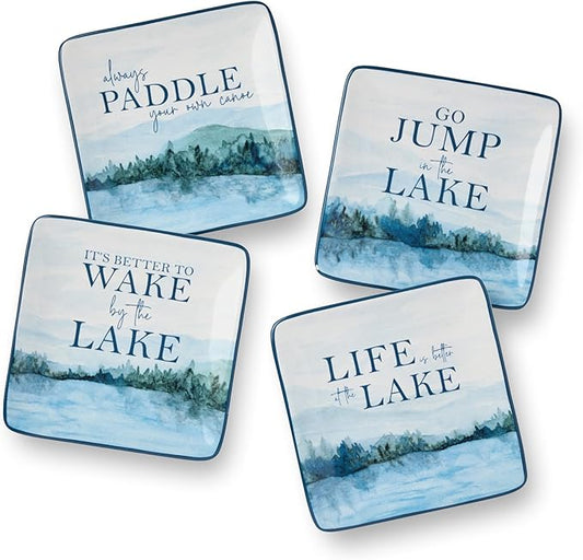 Wake at the Lake 6-Inch Canape Plates, Set of 4, Lakeside-Inspired Designs with Water Scenes, Paddles & Cabins, Durable Ceramic, Dishwasher Safe, Perfect for Appetizers & Desserts