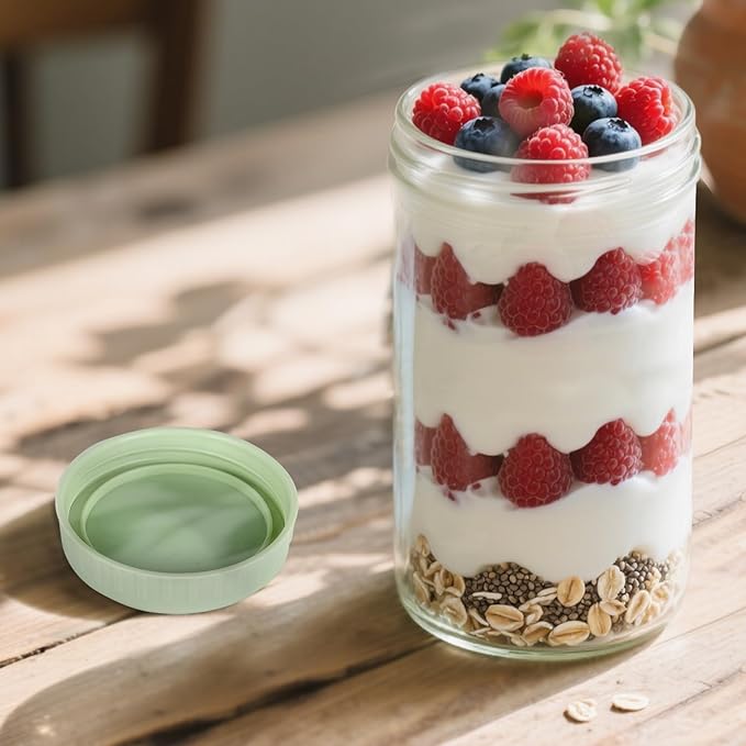 Overnight Oats Containers with Lids, 24oz Glass Jars with Lids 4 pcs, Light Green, Wide Mouth Mason jars for Salad, Yogurt, Snacks, Meal Prep