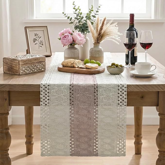 Artoid Mode Pink Farmhouse Rustic Table Runner, Seasonal Holiday Hollow Kitchen Dining Table Decoration for Home Party Decor 12x108 Inch