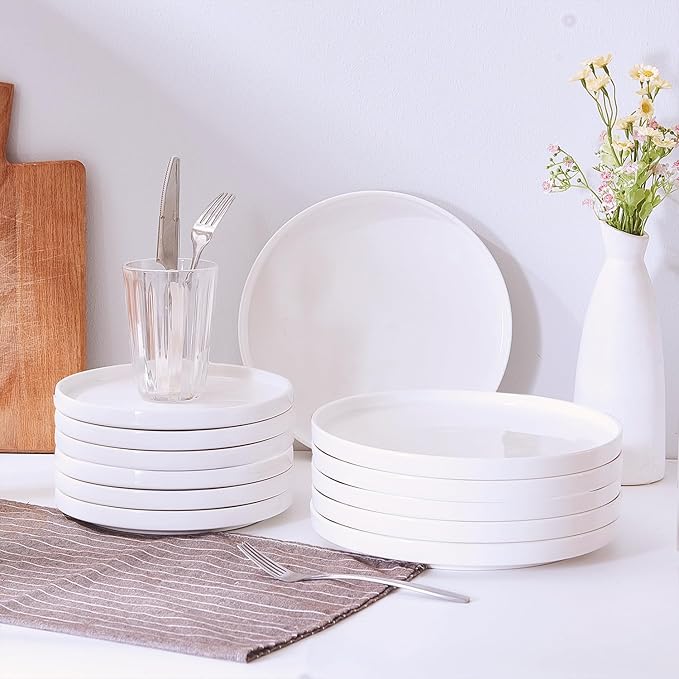 AntoKueh White Porcelain Flat Dessert Plates Set of 6, 8.2 Inch Ceramic Dishes with High Edge for Kitchen, Appetizer, salad, Dishwasher/Microwave safe