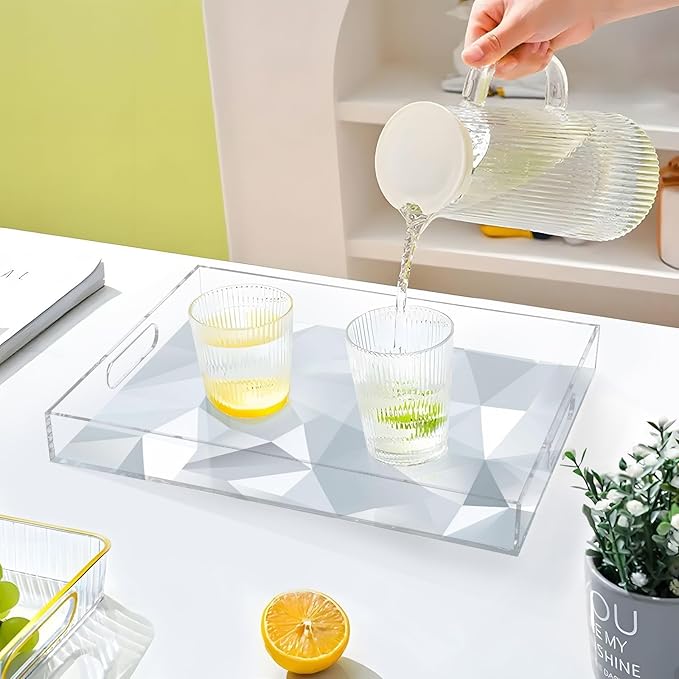 Spill Proof Acrylic Serving Tray, Countertop Organizer 16x12 Inch with Handles for Breakfast, Living Rooms, Coffee, Juice, Kitchen and Desk, (Silver Glass Design)