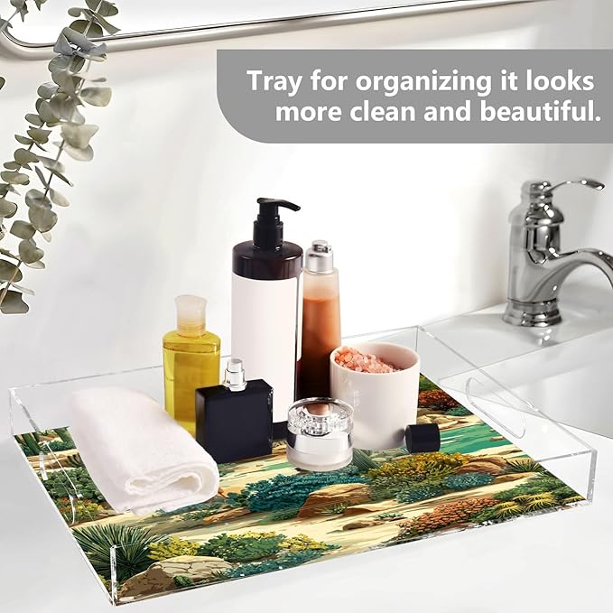 Serving Tray with Handles Clear Acrylic Tray 12x16 Inch Decorative Rectangular Tray Organizer for Ottoman Coffee Table Bathroom Mexico Desert Cactus Green