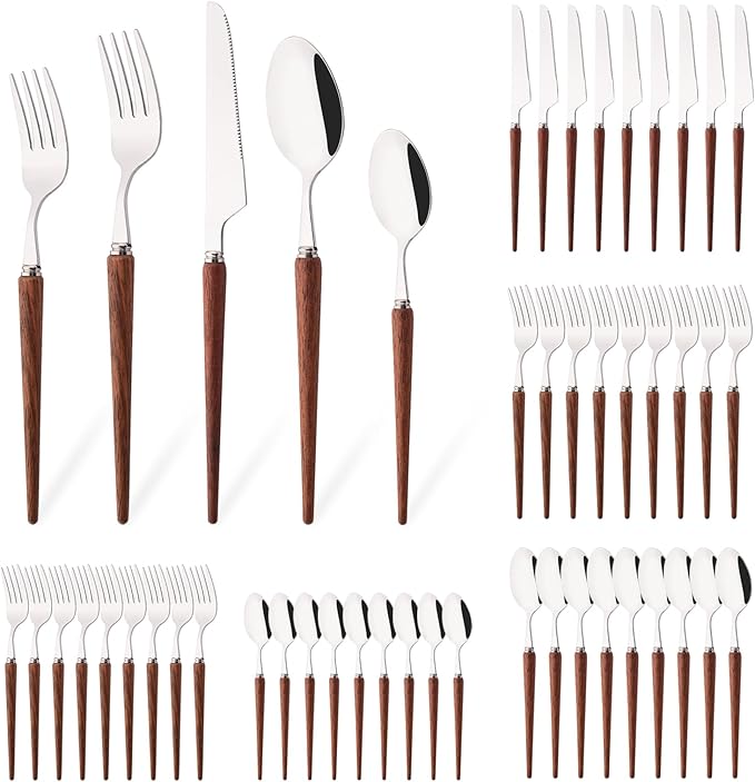50-Piece Wood Handle Silverware Set 304 Stainless Steel Flatware Set Service For 10, Forks Spoons and Knives Set for Home, Restaurant, Wedding, Party (Rosewood)