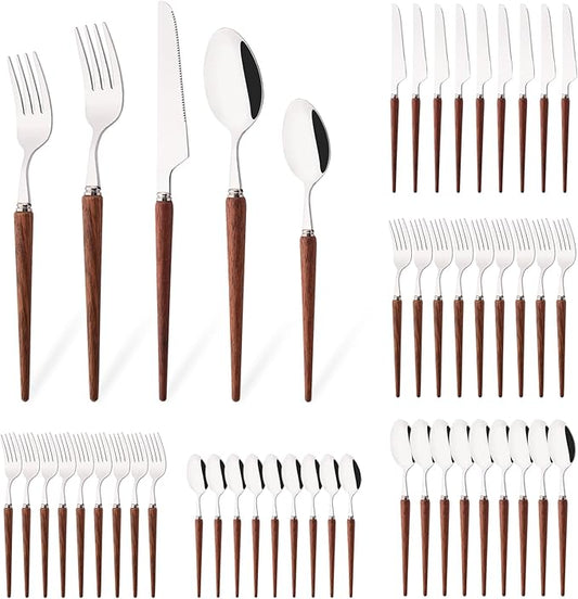 50-Piece Wood Handle Silverware Set 304 Stainless Steel Flatware Set Service For 10, Forks Spoons and Knives Set for Home, Restaurant, Wedding, Party (Rosewood)