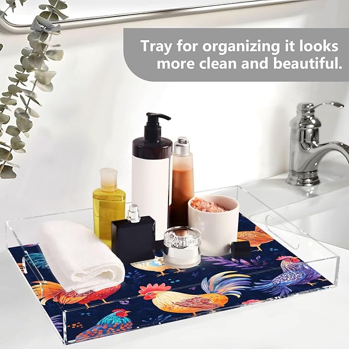 Serving Tray with Handles Clear Acrylic Tray 12x16 Inch Decorative Rectangular Tray Organizer for Ottoman Coffee Table Bathroom Rooster Spring Blue