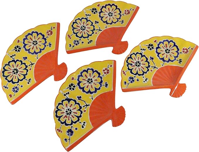 Ebros Pack Of 4 Colorful Oriental Folding Fan Shaped Appetizer Sushi Dessert Serving Dish Plates Decorative Asian Themed Artistic Dinner Lunch Serveware Plate Set (Yellow Summer Flower Blossoms)