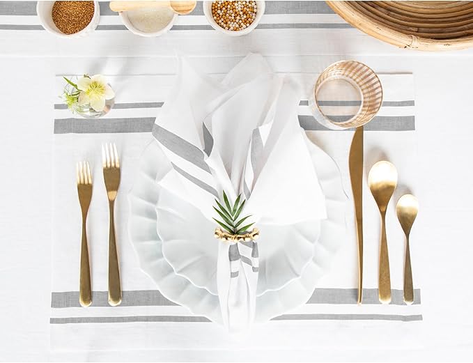 Solino Home Linen Dinner Napkins 20 x 20 Inch - 100% Pure Linen French Stripe Grey and White Napkins Set of 4 for Winter