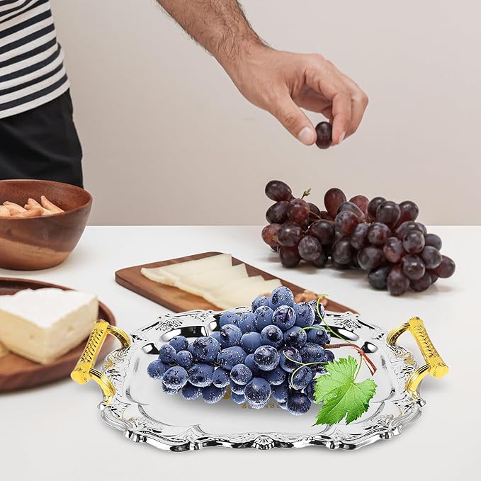 European Style Thickened Round Serving Tray 37X28Cm Stainless Steel Snack Storage Holder Beverage and Fruit Serving Platter for Home, Restaurant, and Buffet Use